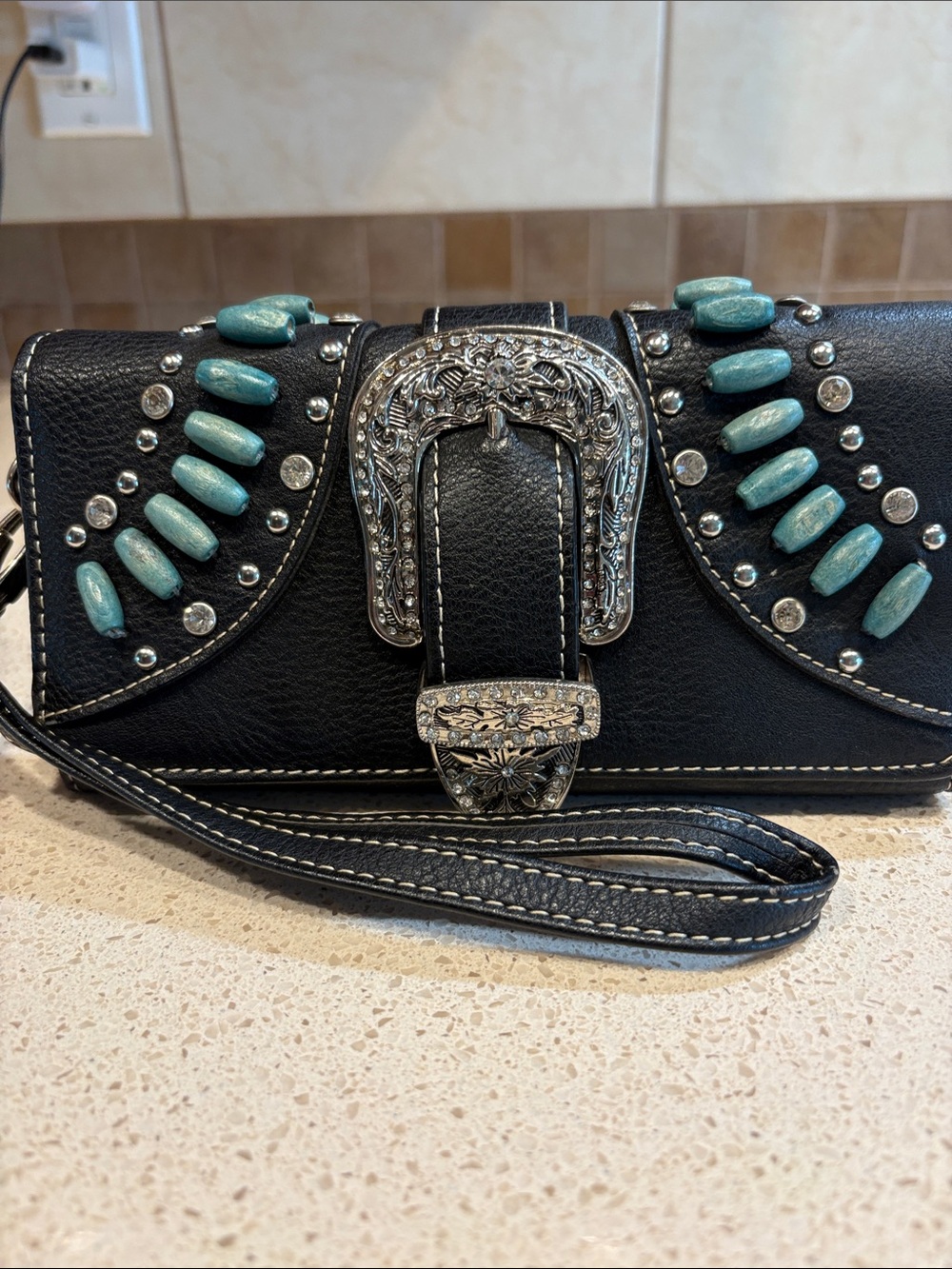 Montana West Black Wristlet/Wallet with Turquoise Accents and Silver Buckle EUC